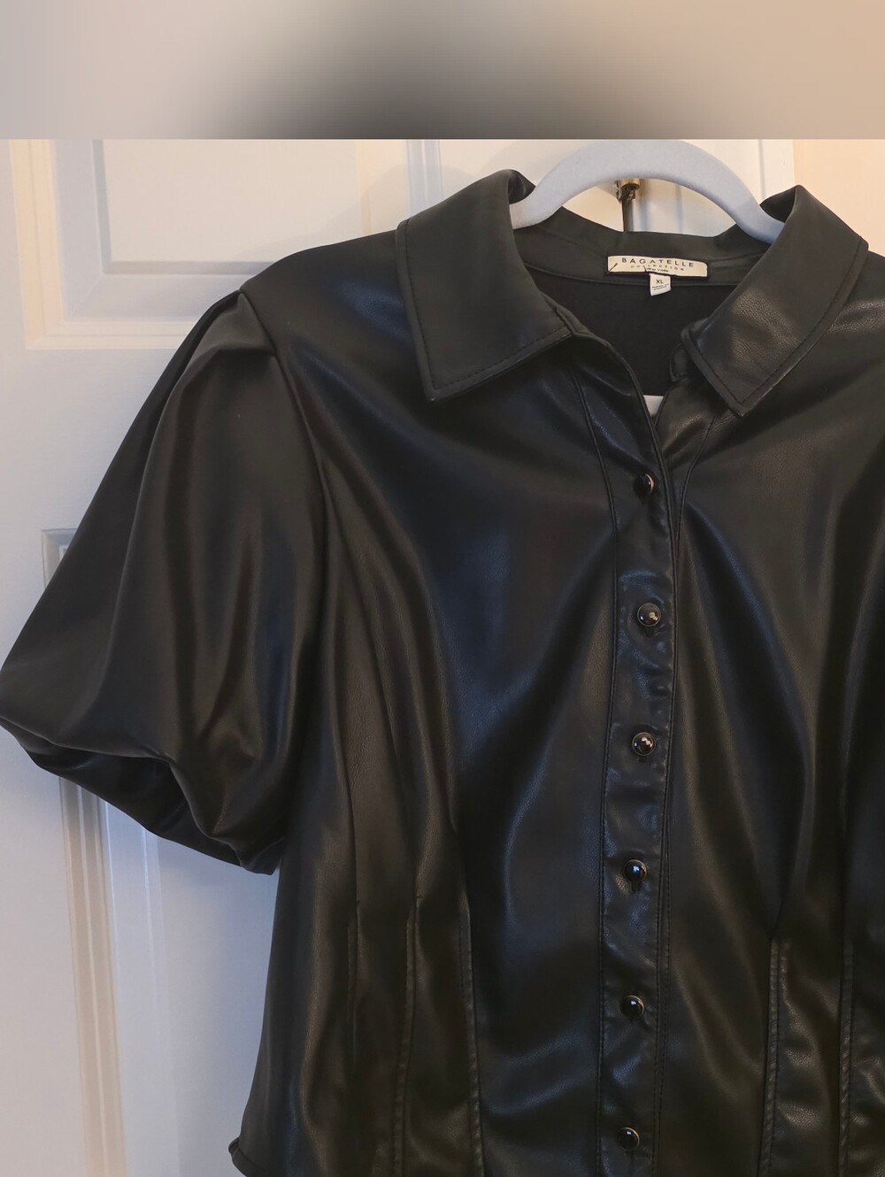 Bagtelle - Black Faux Leather Button-Front Short Bell Sleeve Shirt